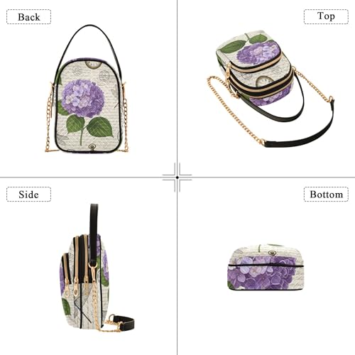 Purple Hydrangea Flower Leaves Single Shoulder Purse Women Quilted Phone Purse Chain Strap Handbag Cute Zipper Lady Crossbody Bag4