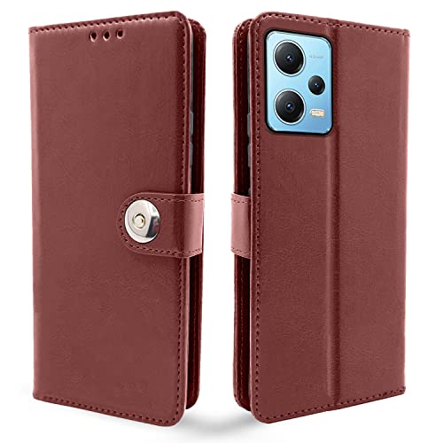 Image of Pikkme Poco X5 5G / Redmi Note 12 5G Flip Cover Leather Finish | Inside TPU with Card Pockets | Wallet Stand and Shock Proof | Complete Protection Button Flip Case (Brown)