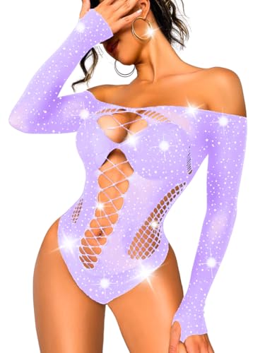 Kaei&Shi Rave Outfits For Women, Rhinestone Bodysuit Fits 0-16, Exotic Dancer Sexy Tops, Fishnet Stripper Plus Size Lingerie,Lavender