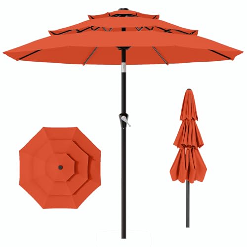 AreShark 9ft 3-Tier Patio Umbrellas Outdoor Umbrella with 8 Sturdy Ribs UV Protection Windproof Market Table Umbrella w/Push Button Tilt & Crank for Pool Porch Deck Garden(Orange)