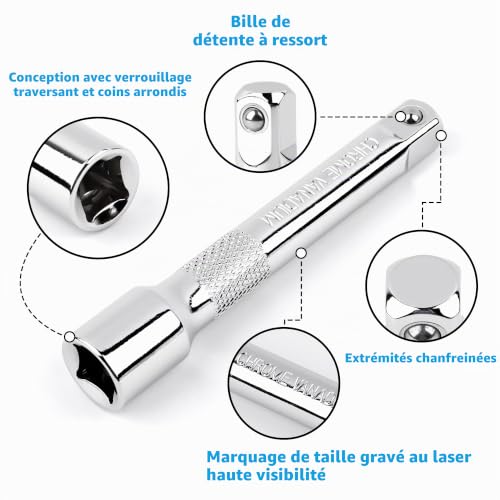 Qualiapex Lot de 3 rallonges à cliquet 1/2" (75 mm/125 mm/250 mm) pour clés à cliquet – vue 2