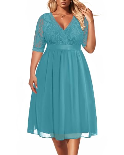 Image of Pinup Fashion Plus Size Lace Chiffon Wrap V Neck Dresses Women Cocktail Wedding Guest Midi Dress