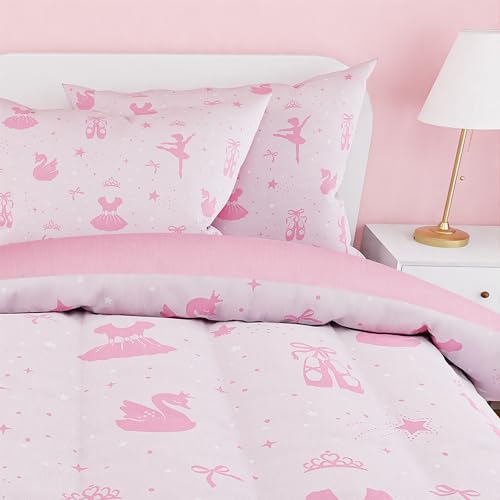 Image of SANDJEST Ballerina Comforter Set Full Size 98x86in for Kids Girls, Microfiber 4 Pcs Bedding Set Includes 1 Comforter, 2 Pillowcases, 1 Fitted Sheet, Nursery Room Decor