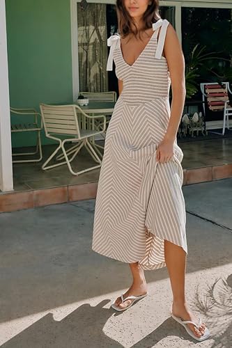 MISSACTIVER Striped Smocked Flowy Midi Dress for Women Summer Sleeveless V Neck Tie Straps Backless Beach Long Dresses3