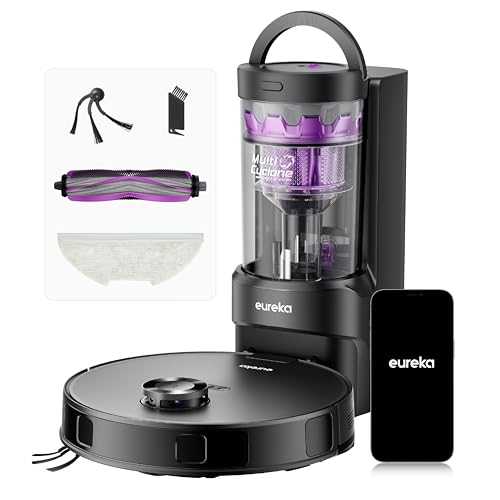 Eureka Robot Aspirador Fregasuelos de 10kPa, Aspirador Robot Antienredo, Autolimpieza, Autovaciado, Navegación Láser, Elevador 10 mm, 180 Min, Suelos Duros, Baldosas, Alfombras, E20 EVO Plus Negro