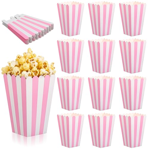 12 cajas de palomitas de maíz de papel rosa, cajas reutilizables para palomitas de maíz, vajilla decorativa con patrón de rayas para bodas, baby shower, suministros de fiesta