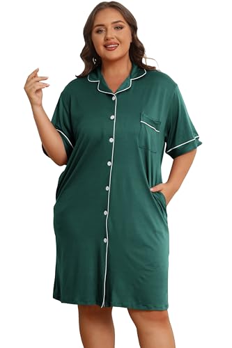 Image of Vozanet Women Button Down Nightgown Plus Size Nursing Nightshirt Boyfriend Nighty Bridal Sleepdress with Pockets XL-5XL