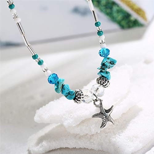 Image of Softones Blue Starfish Turtle Anklet Multilayer Charm Beads Sea Handmade Boho Anklet Foot Jewelry for Women