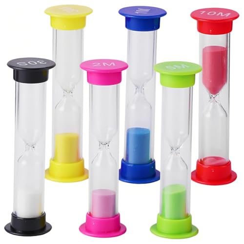 KOLZEMV 6 Stück Bunter Sanduhren für Kinder, sanduhr, Buntes Sanduhren Set 30sec, 1min, 2min, 3min, 5min, 10min, Zeitmesser Sanduhren für Klassenzimmer, Küche, Spiele und Home Office Dekoration