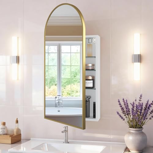FKWin Arched Gold Bathroom Medicine Cabinet with Mirror, Left or