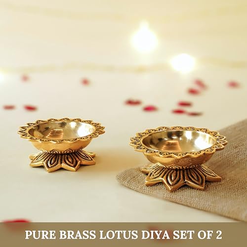 Image of Behoma 100% Pure Brass Padma Diya Set of 2 for Puja | Traditional Handcrafted Lotus Shape Oil Lamp Diya for Home, Temple, Office, Pooja Room Decoration, Festive Rituals & Housewarming Gift Item