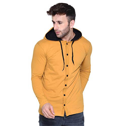 Image of Geum Men's Full Sleeve Hooded T-Shirt with Button-Down Front | Casual Slim Fit Cotton Shirt-Style Tee