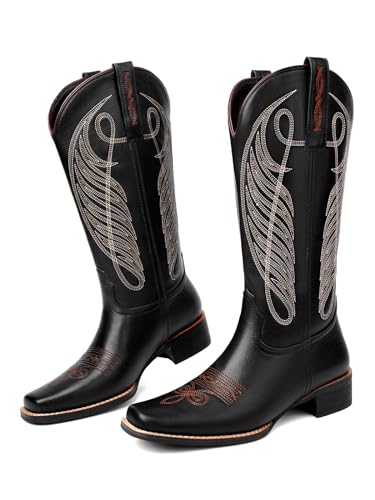 RONILURN Botas vaqueras para mujer, botas vaqueras a media pantorrilla, tacón bajo y grueso, bordado clásico, puntera cuadrada, para vestirse, fiesta, concierto, Negro -, 38 EU