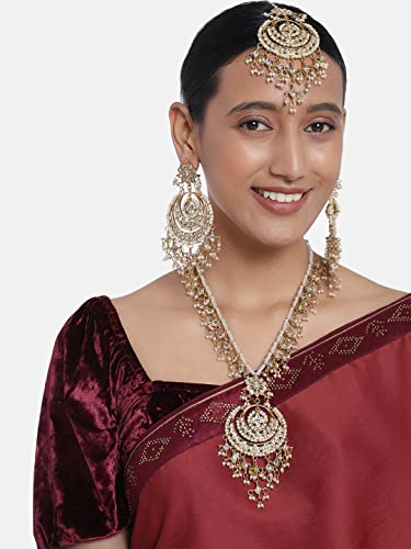 Image of Aheli Elegant Indian Faux Kundan Studded Choker Necklace with Maang Tikka Set Ethnic Wedding Wear Bharatanatyam jewellery set Gift for Women