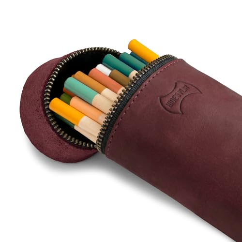 Image of Hide & Play, Pencil-Shaped Case for Pens, Pencils, Markers, and Office Accessories, Zippered Bag, Pen Storage, Full Grain Leather, Handmade (Sangria)