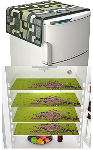 Image of Yellow Weaves Combo of Exclusive Decorative Fridge Top Cover 4 Fridge Mats (5 Piece Set)
