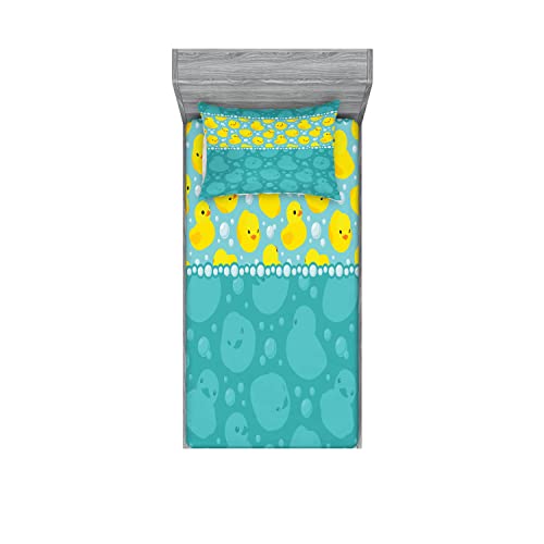 Ambesonne Rubber Duck Fitted Sheet & Pillow Sham Set, Cartoon Style Duckies Swimming in Water Pattern Fun Bubbles Aqua Colors, Decorative Printed 4 Piece Bedding Decor Set, Twinxl, Dark Seafoam Yellow