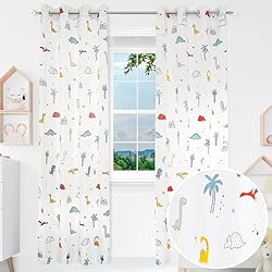 Cortinas Habitacion Bebe BOD HOME 2 Piezas Cortina Opaca, 140x260 cm AnchoxAlto, Cortina Poliéster Infantil Decoración del Hogar y Dormitorio del Niño, Diseño Dinosaurio Blanco.