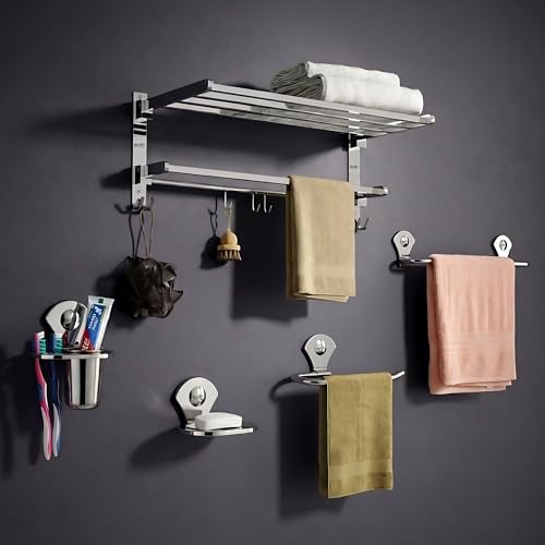Image of GLOXY Premium Stainless Steel Bathroom Accessories Set Combo Pack of 5 Includes Folding Towel Rack, Toothbrush /Tumbler Holder, Towel Ring /Napkin Holder, Towel Rod /Bars and Soap Holder /Dish