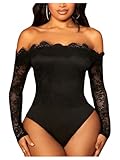 WDIRARA Women's Off Shoulder Floral Lace Bodysuit Mesh Long Sleeve Leotard Top Black Large