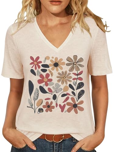 Womens V-Neck T-Shirt Flower Graphic Tees Summer Fashion Boho Tops Tshirts Loose Casual Wildflower Beach T Shirts