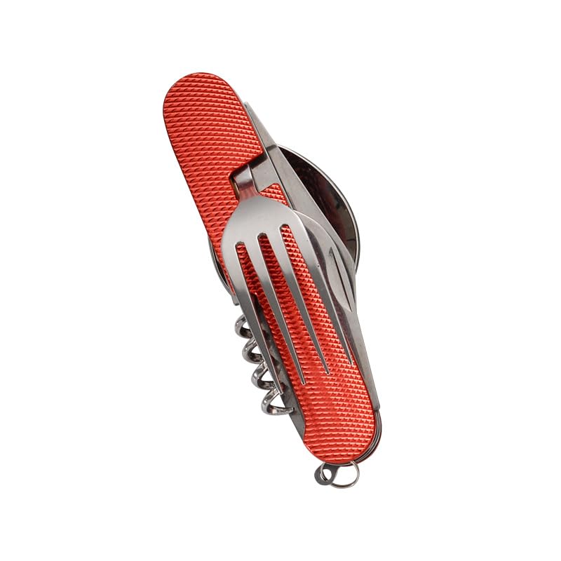 Kuber Industries Stainless_Steel 4 In 1 Folding Fork Knife Spoon Set|Multi-Tool Camping Folding Pocket Knife|Spoon, Bottle Opener & Fork Set|Red
