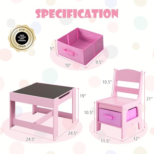Image of GLACER Kids Table and Chairs, 3 in 1 Wooden Activity Table with Storage, Reversible Tabletop, Chalkboard for Crafts, Drawing, Reading, Toddler Table and Chair Set for Playroom, Easy to Clean(Pink)