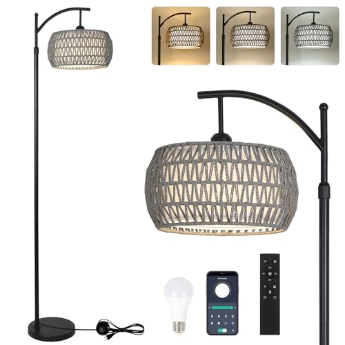 Image of Arc Floor Lamp for Bedroom, Boho Standing Lamp with Remote & LED Smart Bulb, Rattan Floor Lamps for Living Room with 3 Color Temperatures, Height Adjustable Corner Tall Lamp, Stand up Light for Office