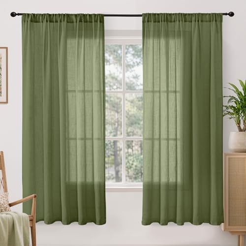 Image of BGment Olive Green Linen Curtains 63 Inches Long for Living Room - Semi Sheer Light Filtering Window Drapes with Rod Pocket Textured Lightweight for Bedroom, 2 Panels Set, Each 52 Inch Wide
