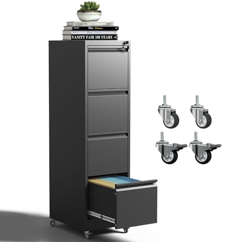 BIZOEIRON 4 Drawer Mobile File Cabinet, Metal Filing Cabinet with Lock and Wheels, Home Office Rolling File Cabinets for Legal/Letter Hanging File Folders, Un-Assembled (Black)