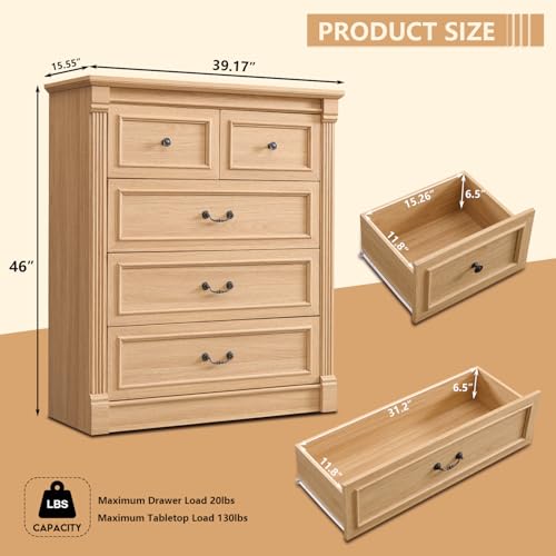 Image of 5 Drawers Dresser for Bedroom, Farmhouse 46 inch Tall Dressers & Chests of Drawers w /Roman Column, Wood Rustic Closet Dresser w /Two Different Drawer Sizes for Bedroom, Living Room, Natrual