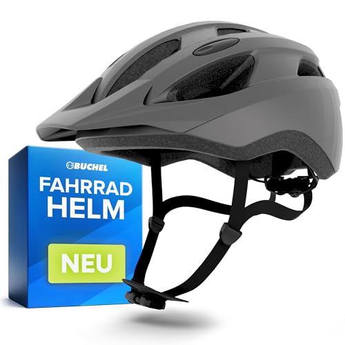 BÜCHEL Fahrradhelm mit In-Mould-Technologie – für Kinder & Erwachsene – Cam Lock, Kinnpolsterung & Fliegennetz – Größen M 51–56 cm & L 57–60 cm – Schwarz, Weiß, Grau (Grau Matt, L, 57-60cm)