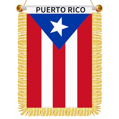 4 x 6 Inch Mini Puerto Rico Hanging Flag Satin Puerto Rican Flag Banner with Yellow Tassels for Car Rearview Mirror Window Wall Office Decorations PR Cultural Celebrations and Home Decor
