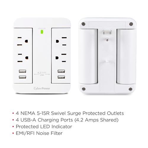 Image of CyberPower P4WSU Professional Surge Protector, 900J /125V, 4 Swivel Outlets, 4 USB Charge Ports, Wall Tap Design, White | 900J /125V, 4 Swivel Outlets, 4 USB Charge Ports, Wall Tap Design, White, UL Listed