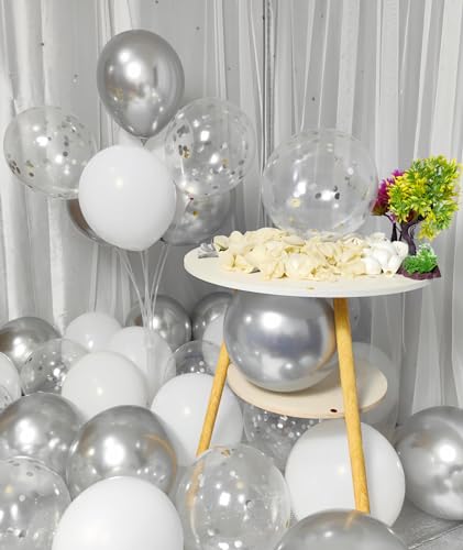 Image of 300 Pack White and Silver Balloons 12 Inch Silver Confetti Balloon for Various Party Events Decorations
