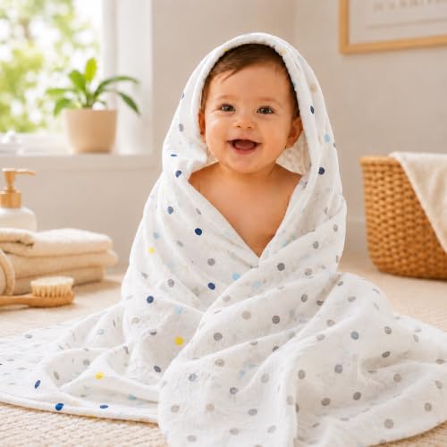 Image of Organic Cotton Muslin Pack of 2 Baby Bath Towel Cotton Cloth Premium Baby Washable, Reusable, Absorbent, Extra Soft 120 X 120 Cm Multi Dot & Grey Dot