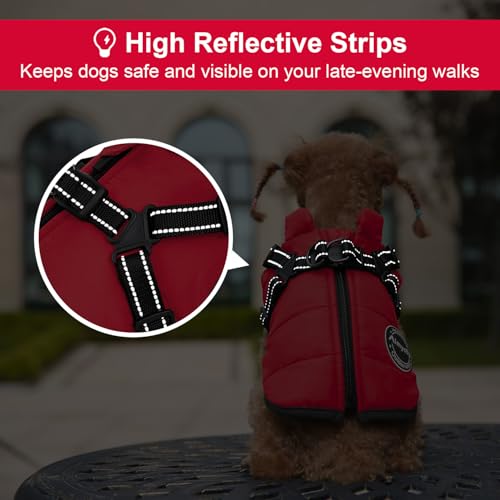 Aimydog Hundemantel Winter, Wärme Hundejacke Mit Brustgurt Gurt Winddichte mit bauchschutz, Haustier Outdoor Reflektierend Hundeweste mit Fleece Gefütterte für Kleine (Rot, S)