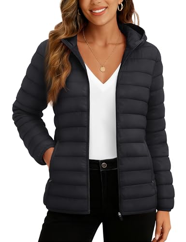 TACVASEN Ladies Puffer Jacket with Hood Ultra-light Quilted Pockets Water-resistant Long Sleeve Full-zip Winter Padded Coat,Black S