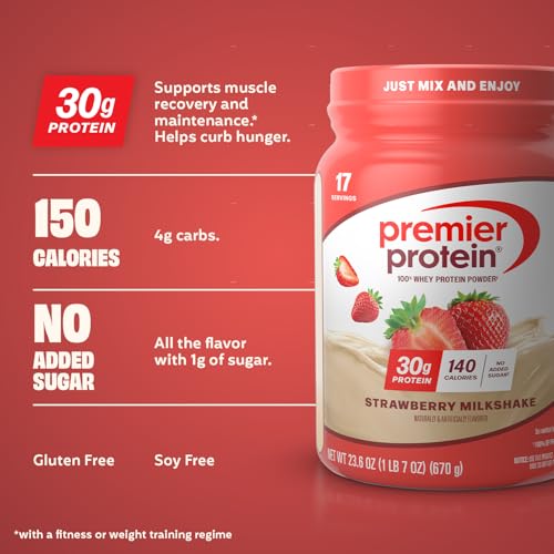 Image of Premier Protein Powder, Strawberry, 100% Whey, 30g High Protein, 17 Serving | No Added Sugar, Supports Muscle Health, Soy & Gluten-Free, 1.44 lb
