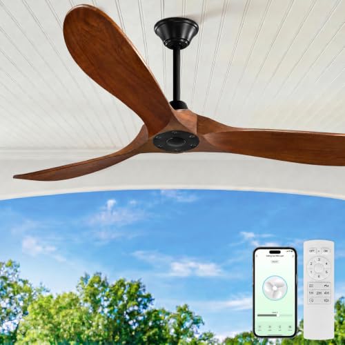 Image of Outdoor Ceiling Fan No Light for Patios, 52 inch Ceiling Fans Without Lights with Smart App and Remote Control, Wet Rated 3 Blades Wood Propeller Modern Fan for Exterior Outside, High CFM, Walnut