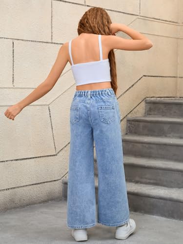 Verdusa Girls Y2K Baggy Jeans Elastic High Waist Wide Leg Loose Denim Jeans Pants Tween Clothes for Girls 10-122