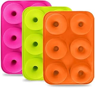 ROYALTEC 3-Packs Silicone Donut Moulds,100% Non-Stick Silicone.BPA Free, Dishwasher Microwave Safe, Easy Clean, (Green, Orange, Pink), 6 Cavity on Each Tray Total 18 Cavities, 1 Year Warranty.