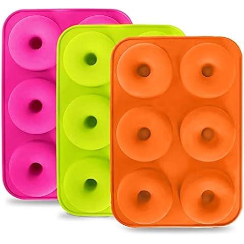 Royaltec 3-Pack Silicone Donut Moulds,100% Non-Stick Silicone.BPA Free, Dishwasher Microwave Safe, Easy Clean, (Green, Orange, Pink), 6 Cavity on Each Tray Total 18 Cavities, 1 Year Warranty Cover