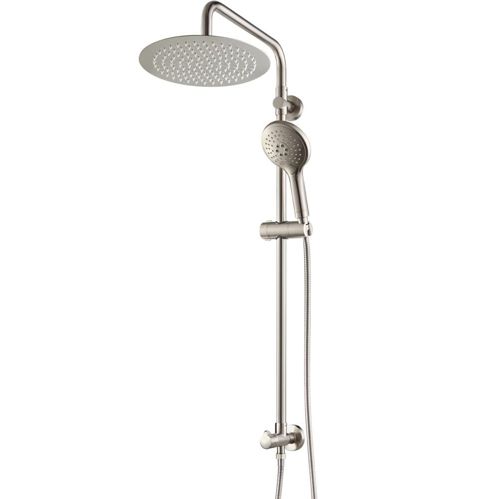 POP SANITARYWAREShower System with Adjustable Slide Bar, 10" Rain Shower Head with 3-Setting Handheld, Dual Shower Head Combo with 59" Stainless Steel Hose, Brushed Nickel