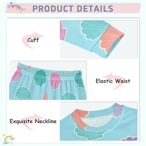 Pajama Sets Long Sleeve Seashell Pattern on Blue Soft Comfy Sleepwear 2 Piece PJS 3-8T4