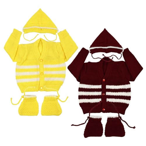 Image of Winter Wear for Infant /Baby Woollen Sweater Set with Cap and Socks (Multicolor, Long Sleeve, V Neck, 3 to 6 Months) 2x3 Pcs Set