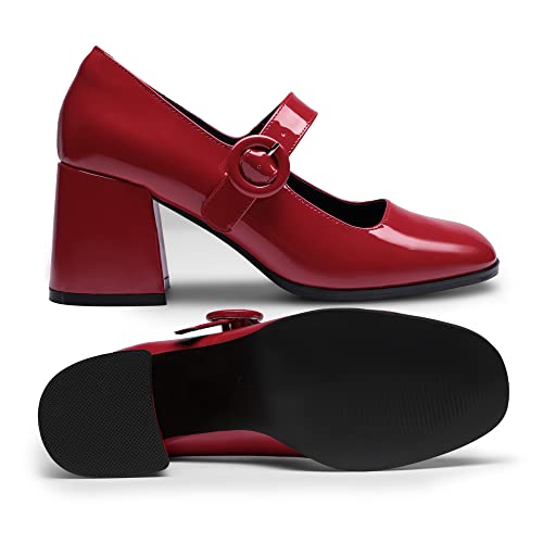 DREAM PAIRS Chunky Heels for Women Block Heels Closed Toe Mary Jane Shoes Comfortable Dress Office Church Pumps,Size 11,Bright Red,SDPU2232W