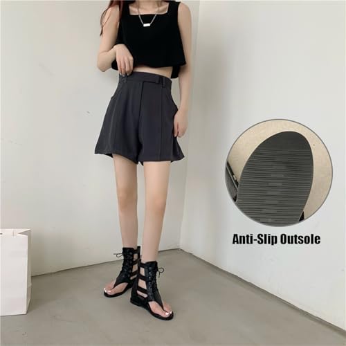 Women's Leather Flat Thong Heighten Mid-Calf Roman Sandals Boots With Adjustable Metal Buckle Vintage Lace Up Clip Toe Round Open Toe Back Zipper Wedge High Top Gladiator Booties For Party Vocation4