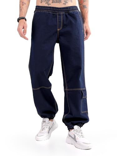 Image of The Indian Garage Co Men Loose Fit Solid Mid-Rise Stretchable Denim Joggers
