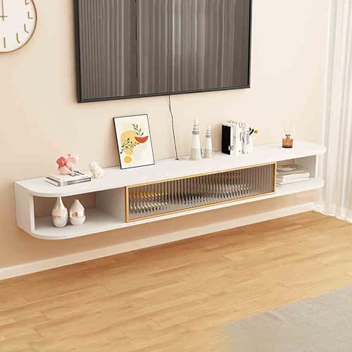 Console multimédia flottante meuble TV mural avec porte rabattable et rangement pour salon chambre